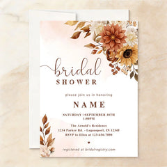 Aperturee - Aperturee Custom Set of 20 Autumnal Floral Bridal Shower Invitation Rust and Cream Flowers for Elegant Fall Celebration