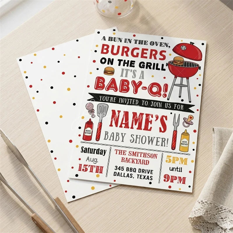 Aperturee - Aperturee Custom Set of 20 Baby-Q Baby Shower Invitation with a Bun in the Oven featuring BBQ Grill and Polka Dots