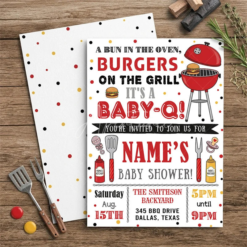 Aperturee - Aperturee Custom Set of 20 Baby-Q Baby Shower Invitation with a Bun in the Oven featuring BBQ Grill and Polka Dots