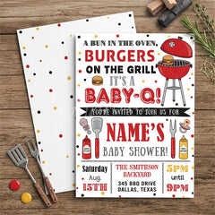 Aperturee - Aperturee Custom Set of 20 Baby-Q Baby Shower Invitation with a Bun in the Oven featuring BBQ Grill and Polka Dots