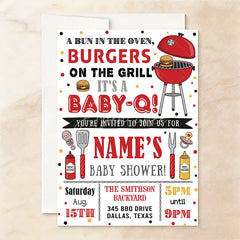 Aperturee - Aperturee Custom Set of 20 Baby-Q Baby Shower Invitation with a Bun in the Oven featuring BBQ Grill and Polka Dots