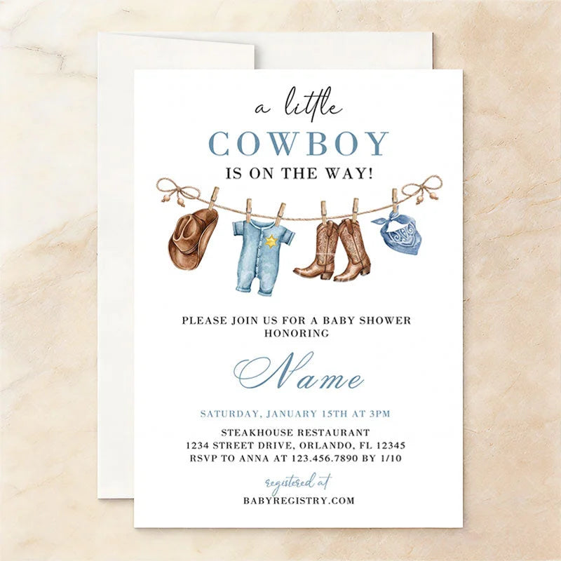 Aperturee - Aperturee Custom Set of 20 Blue Cowboy Baby Shower Invitation featuring Western Attire and Rustic Cow Print Design for Boys