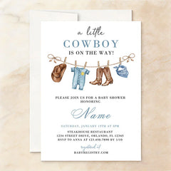 Aperturee - Aperturee Custom Set of 20 Blue Cowboy Baby Shower Invitation featuring Western Attire and Rustic Cow Print Design for Boys