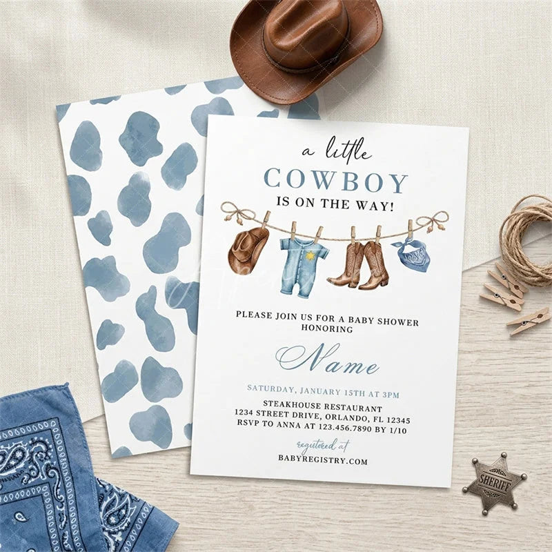 Aperturee - Aperturee Custom Set of 20 Blue Cowboy Baby Shower Invitation featuring Western Attire and Rustic Cow Print Design for Boys
