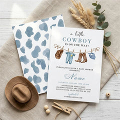 Aperturee - Aperturee Custom Set of 20 Blue Cowboy Baby Shower Invitation featuring Western Attire and Rustic Cow Print Design for Boys
