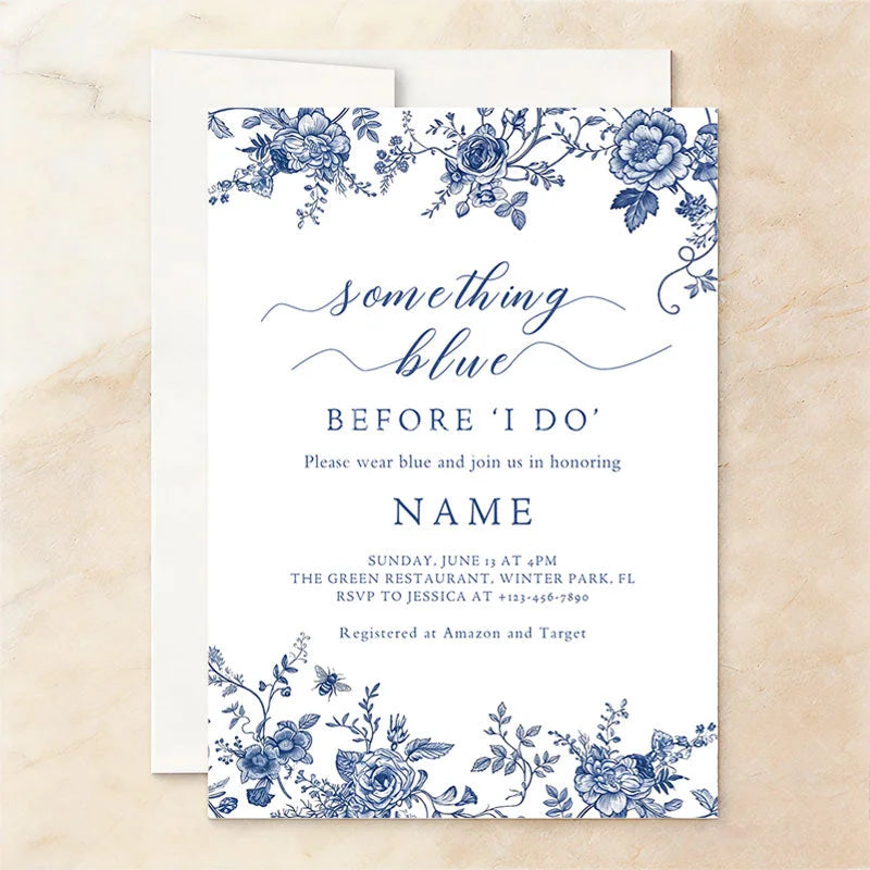Aperturee - Aperturee Custom Set of 20 Blue Floral Chinoiserie Bridal Shower Invitation Personalized Something Blue Before I Do Party