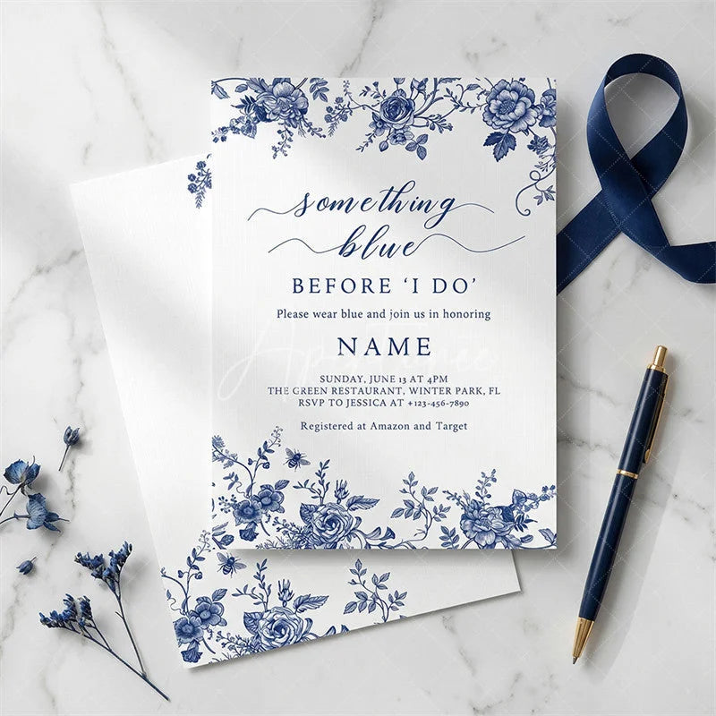 Aperturee - Aperturee Custom Set of 20 Blue Floral Chinoiserie Bridal Shower Invitation Personalized Something Blue Before I Do Party