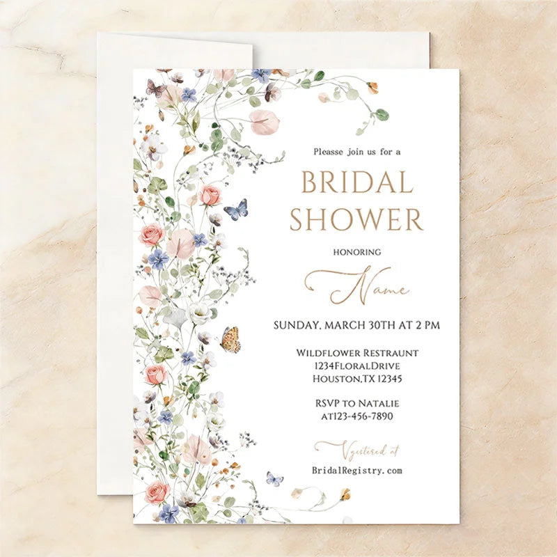 Aperturee - Aperturee Custom Set of 20 Bridal Shower Invitation Floral Design with Pastel Flowers and Butterflies Rustic Garden Theme