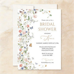 Aperturee - Aperturee Custom Set of 20 Bridal Shower Invitation Floral Design with Pastel Flowers and Butterflies Rustic Garden Theme