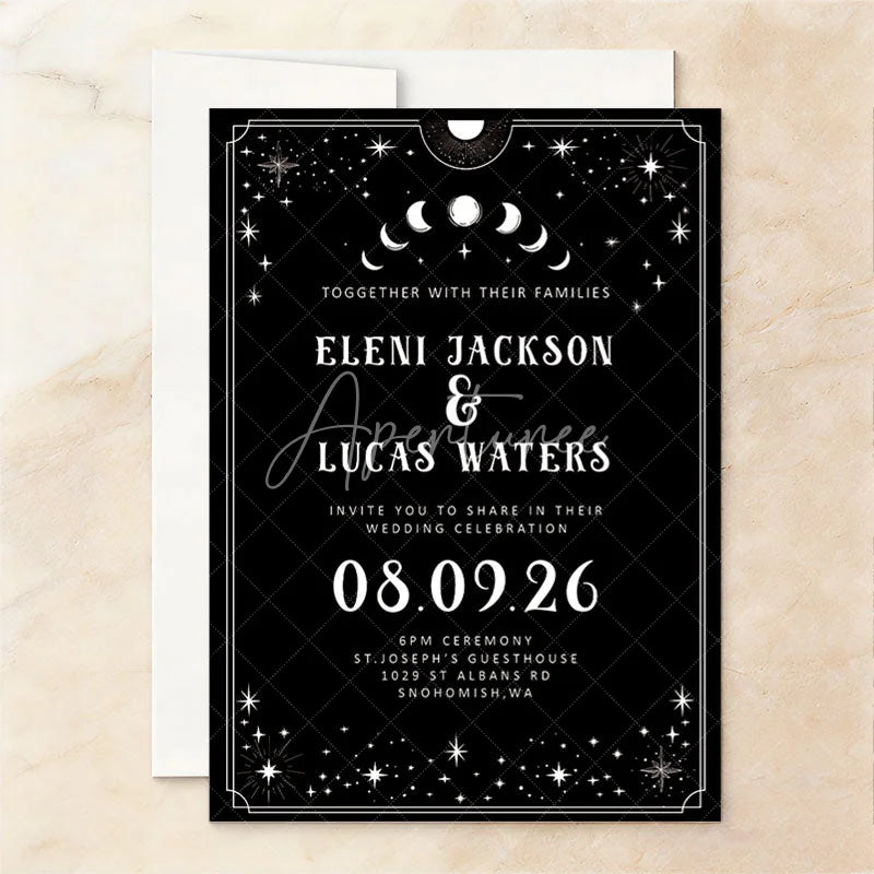 Aperturee - Aperturee Custom Set of 20 Gothic Celestial Wedding Invitation with Embracing Skeletons Dark Romantic Stars and Moon Theme