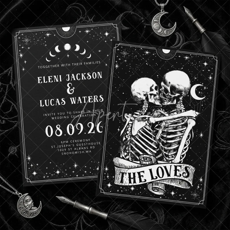 Aperturee - Aperturee Custom Set of 20 Gothic Celestial Wedding Invitation with Embracing Skeletons Dark Romantic Stars and Moon Theme