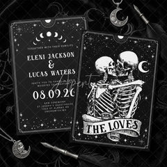 Aperturee - Aperturee Custom Set of 20 Gothic Celestial Wedding Invitation with Embracing Skeletons Dark Romantic Stars and Moon Theme