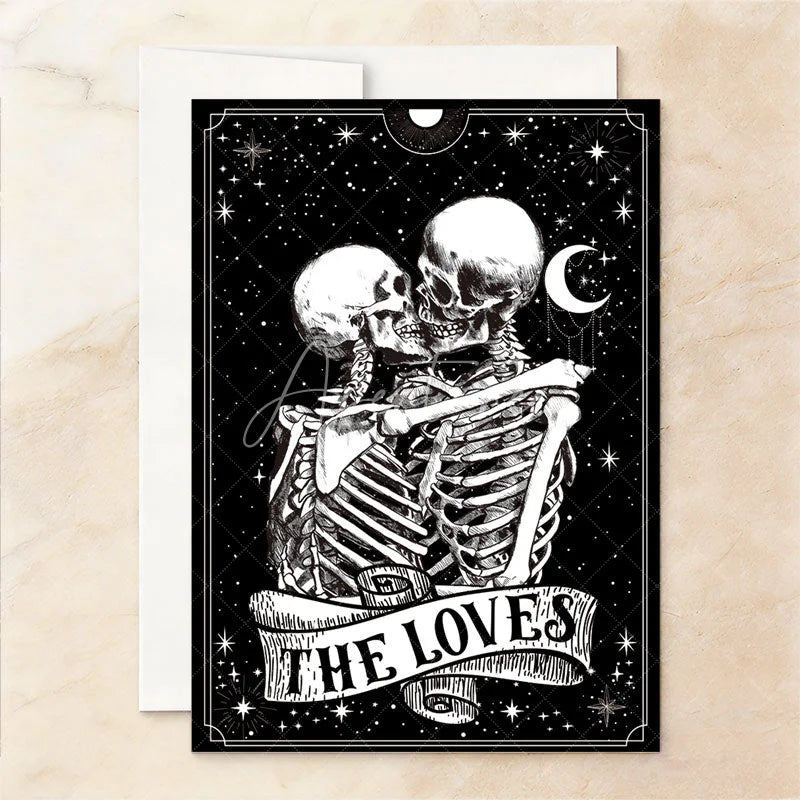 Aperturee - Aperturee Custom Set of 20 Gothic Celestial Wedding Invitation with Embracing Skeletons Dark Romantic Stars and Moon Theme