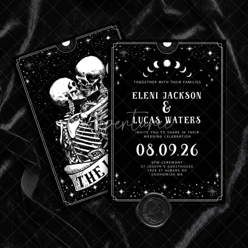 Aperturee - Aperturee Custom Set of 20 Gothic Celestial Wedding Invitation with Embracing Skeletons Dark Romantic Stars and Moon Theme