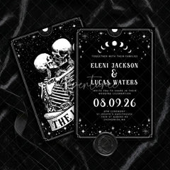 Aperturee - Aperturee Custom Set of 20 Gothic Celestial Wedding Invitation with Embracing Skeletons Dark Romantic Stars and Moon Theme