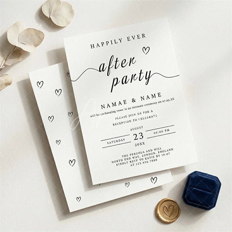 Aperturee - Aperturee Custom Set of 20 Happily Ever After Party Invitation Minimalist Black and White Wedding Reception Design with Hearts