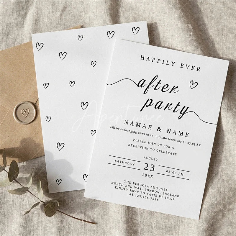 Aperturee - Aperturee Custom Set of 20 Happily Ever After Party Invitation Minimalist Black and White Wedding Reception Design with Hearts