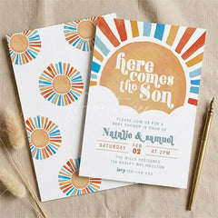 Aperturee - Aperturee Custom Set of 20 Here Comes the Son Sun Baby Shower Invitation Personalized with Vibrant Orange and Blue Rays