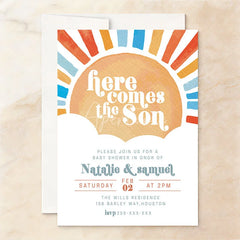 Aperturee - Aperturee Custom Set of 20 Here Comes the Son Sun Baby Shower Invitation Personalized with Vibrant Orange and Blue Rays