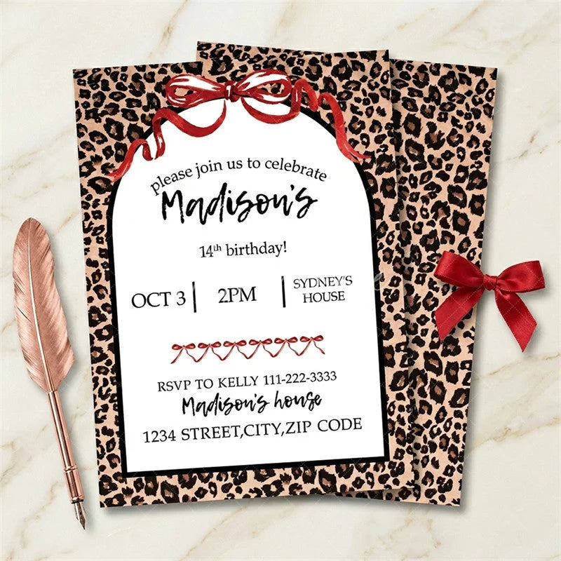Aperturee - Aperturee Custom Set of 20 Leopard Print Birthday Party Invitation Red Ribbon Bows Personalized Animal Celebration Card