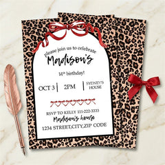 Aperturee - Aperturee Custom Set of 20 Leopard Print Birthday Party Invitation Red Ribbon Bows Personalized Animal Celebration Card