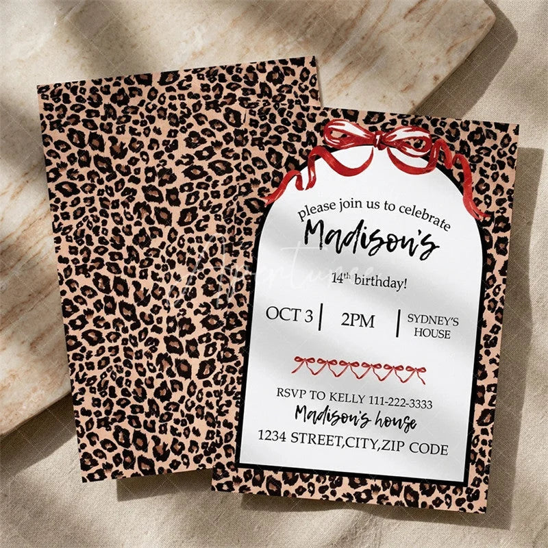 Aperturee - Aperturee Custom Set of 20 Leopard Print Birthday Party Invitation Red Ribbon Bows Personalized Animal Celebration Card