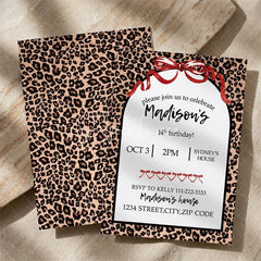 Aperturee - Aperturee Custom Set of 20 Leopard Print Birthday Party Invitation Red Ribbon Bows Personalized Animal Celebration Card
