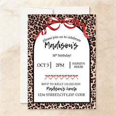 Aperturee - Aperturee Custom Set of 20 Leopard Print Birthday Party Invitation Red Ribbon Bows Personalized Animal Celebration Card
