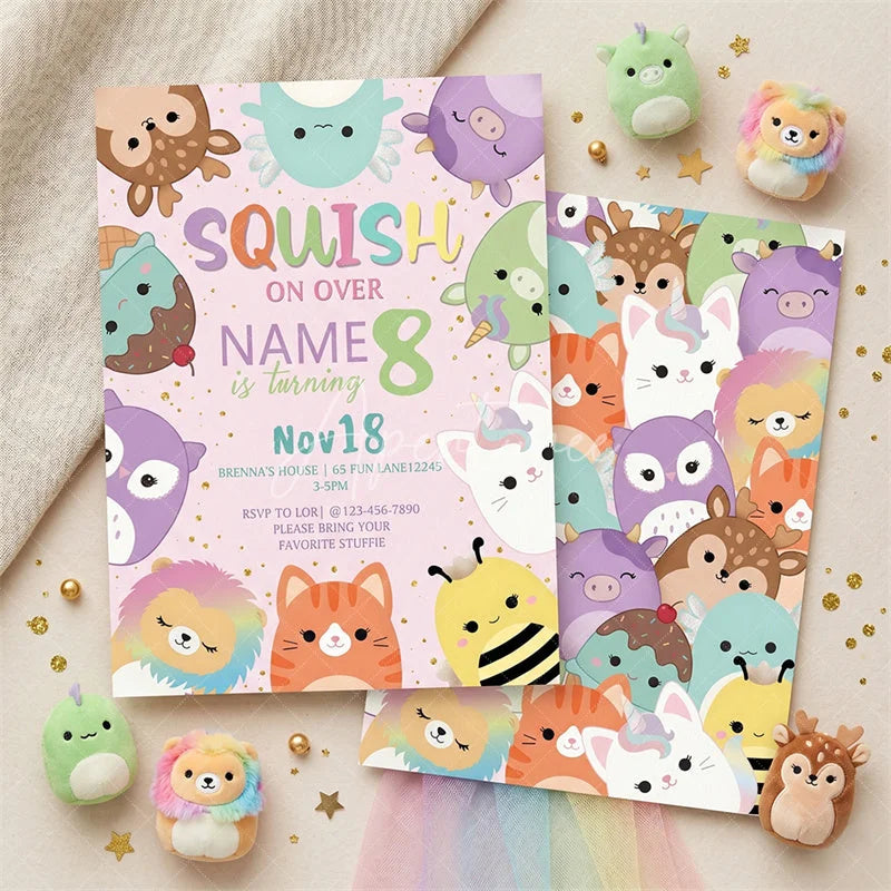 Aperturee - Aperturee Custom Set of 20 Pastel Cute Plush Animal Character Birthday Invitation Personalized Party with Glitter Design