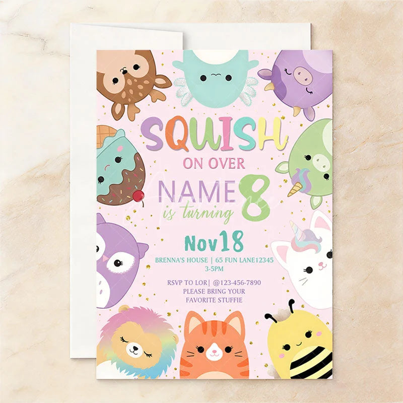 Aperturee - Aperturee Custom Set of 20 Pastel Cute Plush Animal Character Birthday Invitation Personalized Party with Glitter Design