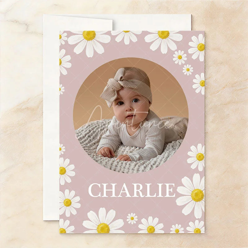 Aperturee - Aperturee Custom Set of 20 Pink Daisy Floral First Birthday Invitation featuring a Baby Photo and ONE derful Slogan
