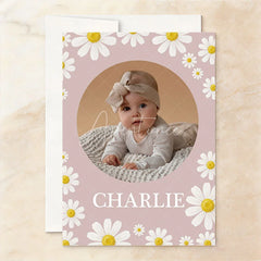Aperturee - Aperturee Custom Set of 20 Pink Daisy Floral First Birthday Invitation featuring a Baby Photo and ONE derful Slogan