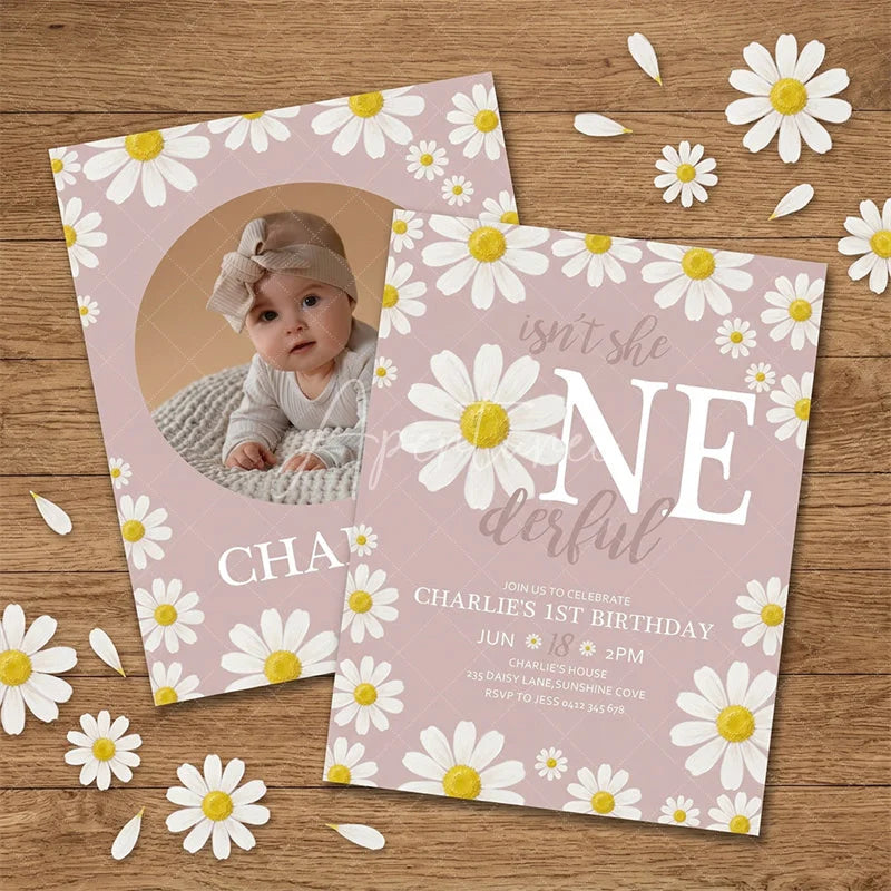 Aperturee - Aperturee Custom Set of 20 Pink Daisy Floral First Birthday Invitation featuring a Baby Photo and ONE derful Slogan