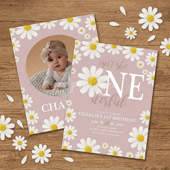 Aperturee - Aperturee Custom Set of 20 Pink Daisy Floral First Birthday Invitation featuring a Baby Photo and ONE derful Slogan