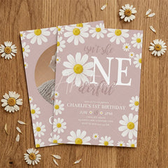 Aperturee - Aperturee Custom Set of 20 Pink Daisy Floral First Birthday Invitation featuring a Baby Photo and ONE derful Slogan