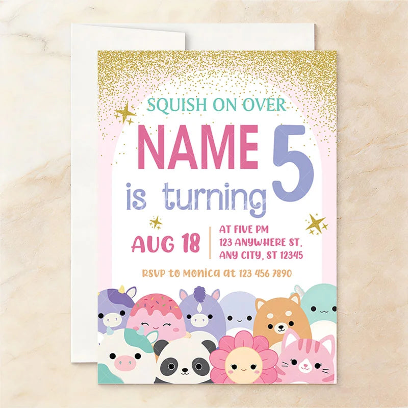 Aperturee - Aperturee Custom Set of 20 Pink Gold Glitter Birthday Invitation with Cute Plush Toy Characters Personalized Party Decor