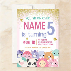 Aperturee - Aperturee Custom Set of 20 Pink Gold Glitter Birthday Invitation with Cute Plush Toy Characters Personalized Party Decor