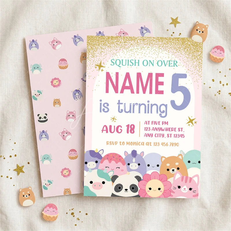 Aperturee - Aperturee Custom Set of 20 Pink Gold Glitter Birthday Invitation with Cute Plush Toy Characters Personalized Party Decor