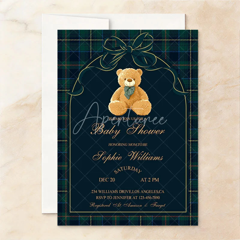 Aperturee - Aperturee Custom Set of 20 Plaid Teddy Bear Baby Shower Invitation Elegant Green and Blue Tartan Design for New Baby Celebration