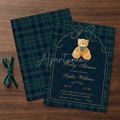 Aperturee - Aperturee Custom Set of 20 Plaid Teddy Bear Baby Shower Invitation Elegant Green and Blue Tartan Design for New Baby Celebration