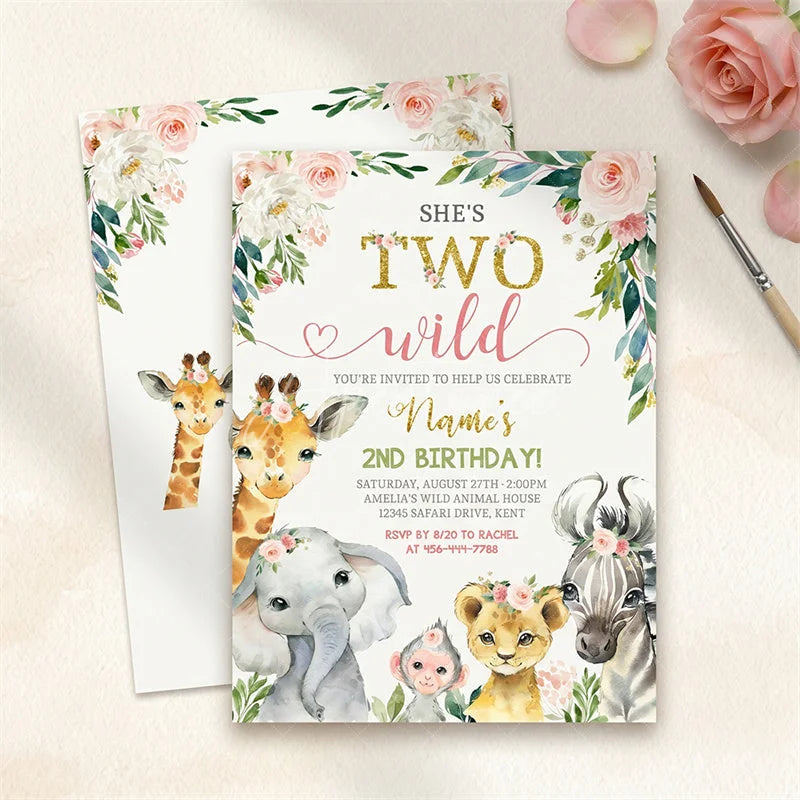 Aperturee - Aperturee Custom Set of 20 She’s Two Wild Safari Animal Birthday Invitation Watercolor Floral Pink and Gold 2nd Birthday Party