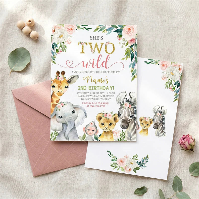Aperturee - Aperturee Custom Set of 20 She’s Two Wild Safari Animal Birthday Invitation Watercolor Floral Pink and Gold 2nd Birthday Party