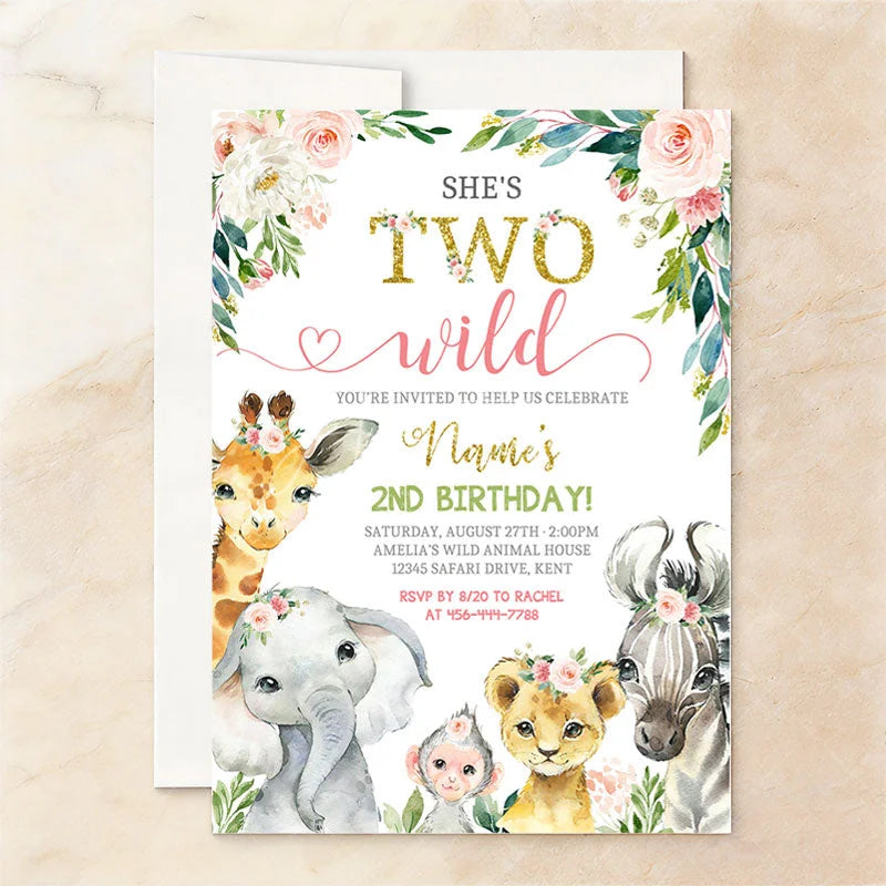 Aperturee - Aperturee Custom Set of 20 She’s Two Wild Safari Animal Birthday Invitation Watercolor Floral Pink and Gold 2nd Birthday Party