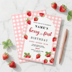 Aperturee - Aperturee Custom Set of 20 Strawberry Berry First Birthday Invitation Pink Gingham Picnic Party Personalized Invite for Baby