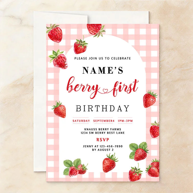 Aperturee - Aperturee Custom Set of 20 Strawberry Berry First Birthday Invitation Pink Gingham Picnic Party Personalized Invite for Baby