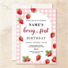 Aperturee - Aperturee Custom Set of 20 Strawberry Berry First Birthday Invitation Pink Gingham Picnic Party Personalized Invite for Baby