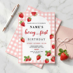 Aperturee - Aperturee Custom Set of 20 Strawberry Berry First Birthday Invitation Pink Gingham Picnic Party Personalized Invite for Baby