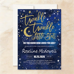 Aperturee - Aperturee Custom Set of 20 Twinkle Twinkle Little Star Baby Shower Invitation Blue Gold Glitter Starry Night for Celebration