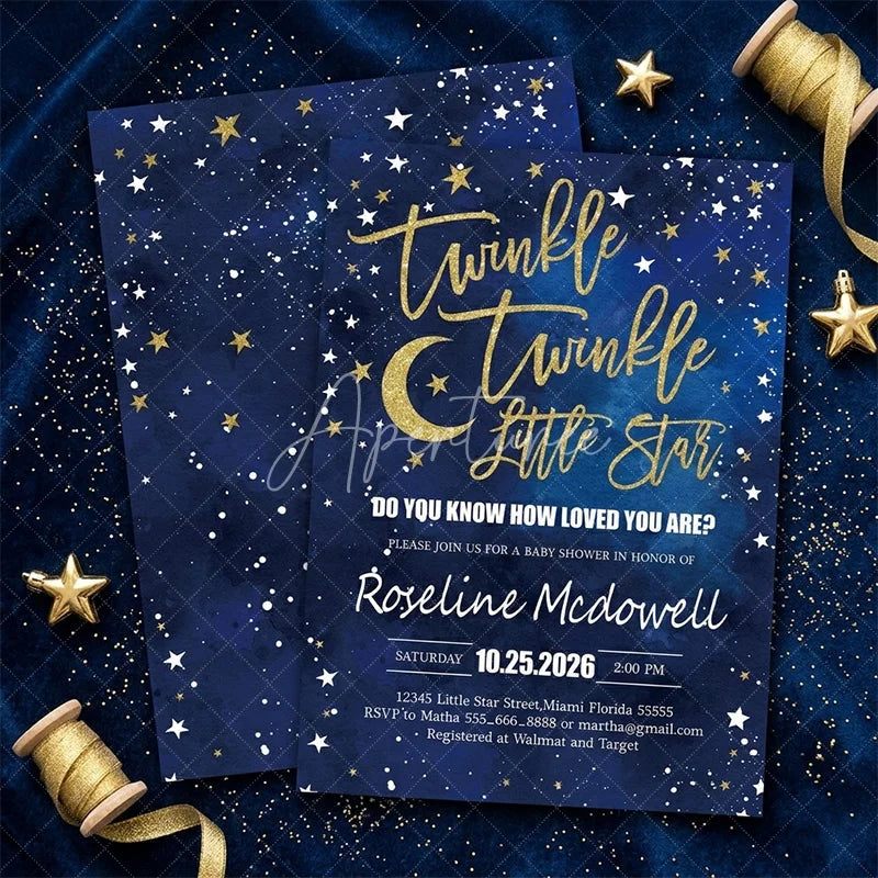 Aperturee - Aperturee Custom Set of 20 Twinkle Twinkle Little Star Baby Shower Invitation Blue Gold Glitter Starry Night for Celebration