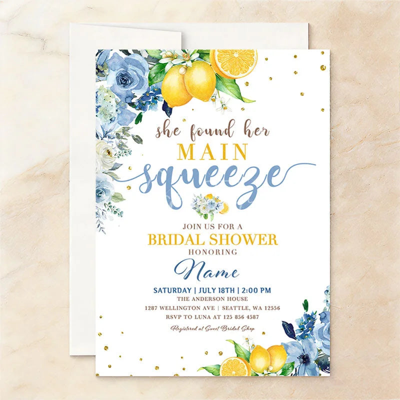 Aperturee - Aperturee Custom Set of 20 Watercolor Blue Floral and Lemon Bridal Shower Invitation She Found Her Main Squeeze Party
